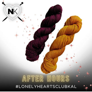 Two skeins from the Lonely Hearts Club KAL Kit in After Hours glow on a white, sparkly backdrop. Made with Superwash Merino, the kit features #LONELYHEARTSCLUBKAL and "After Hours" beneath a heart logo.