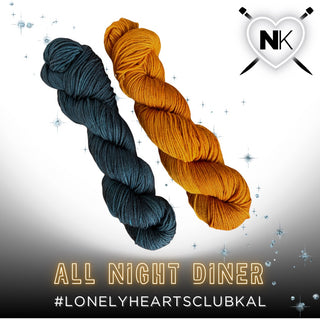 Two skeins of yarn, one deep teal and one rich gold, with 'NK' logo and text 'All Night Diner #LonelyHeartsClubKAL' on a light gray background.