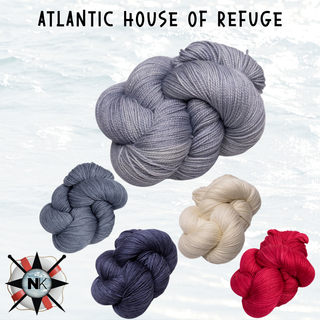 The Knitmas in July Knitting Kit 2026 features five skeins of yarn—gray, blue, navy, cream, and red—displayed on an oceanic background with the Old Shale motif. “Atlantic House of Refuge” and a nautical logo appear above.