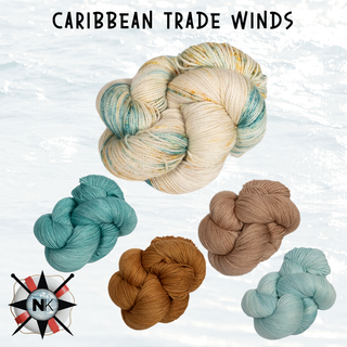 Five skeins of yarn in teal, brown, and cream are arranged on a light background. "CARIBBEAN TRADE WINDS" highlights the Knitmas in July Knitting Kit 2026 featuring an Old Shale motif.
