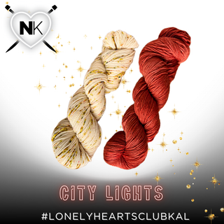 Two skeins of Lazy Bee Yarn in the City Lights colorway from the Lonely Hearts Club KAL Kit are displayed on a white background with gold sparkles. The #LonelyHeartsClubKAL and a heart with knitting needles logo appear below.