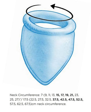 Illustration of a blue neck ring with an arrow showing neck rotation. Beneath it are various neck circumference sizes in inches and centimeters, with some measurements in bold—perfect for referencing when working from the Dog-Danna Knitting Pattern or other digital PDF dog scarf patterns.