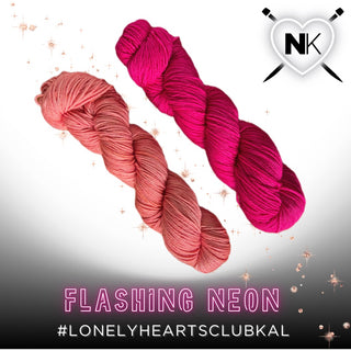 Two skeins from the Lonely Hearts Club KAL Kit in Flashing Neon are shown on a white-gray sparkly background. Top right displays a heart with “NK” and knitting needles, with text: “Flashing Neon #LonelyHeartsClubKAL.”.