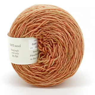 A round skein of Freia Semi-Solid Sport Wool Yarn in coral and cream tones, 100% US wool, DK weight, neatly wound with its product label.