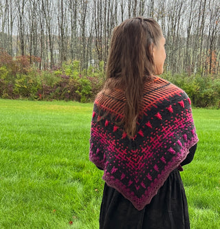 A person seen from behind wears the Season of the Witch 2026 Shawl Pattern, a gothic lace piece with a triangular gradient from orange to pink and purple, accented with a dark textured geometric pattern.