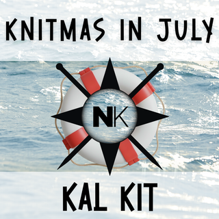 Text reads Knitmas in July Knitting Kit 2026 over an ocean background. A life preserver with a compass star and "NK" creates summer vibes, highlighting this special knitting kit.