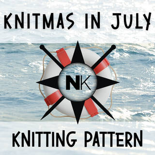 Text reads "Knitmas in July 2026 Pattern" above and below a nautical compass with a life preserver, over water—perfect for summer knitting. "NK" appears in the compass center.