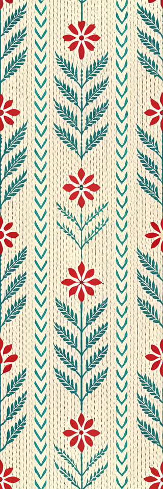 Holiday Bookmarks for Knitters feature a vertical pattern of stylized red flowers and green stems on a cream background with dashed lines, offering a vintage folk-art look—ideal for printable or digital bookmarks.