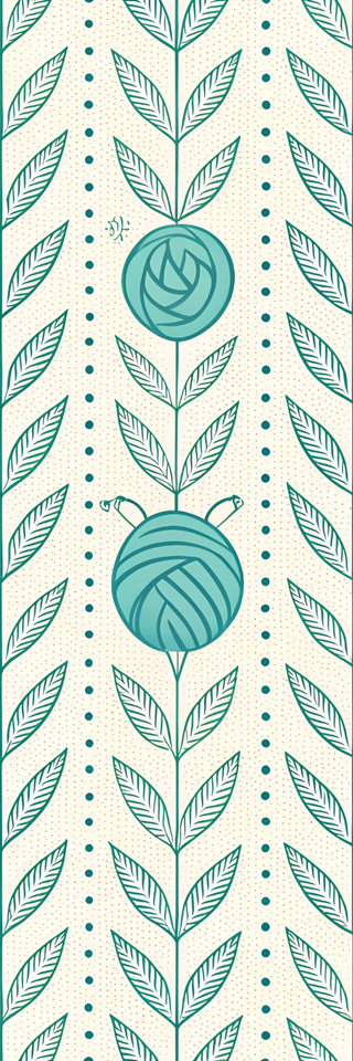 Holiday Bookmarks for Knitters: Features a vertical pattern with teal yarn balls, knitting needles, leafy stems, and a tiny bug on cream. Dotted lines accent the design—ideal as printable or digital bookmarks for any knitting enthusiast.