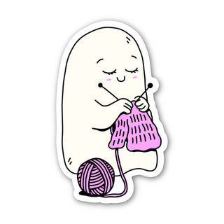 Illustration of a ghost knitting a pink sweater with a ball of yarn.