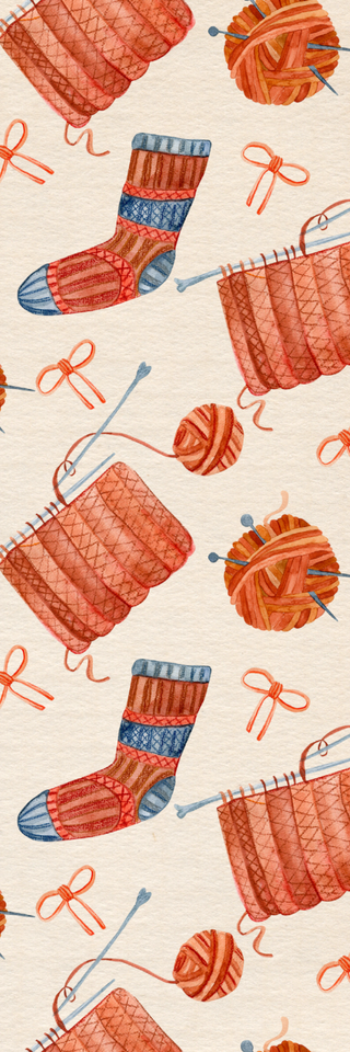 Holiday Bookmarks for Knitters feature a seamless pattern of hand-painted orange yarn balls, socks, swatches, and knitting needles on a light beige background—ideal for digital or printable bookmarks.