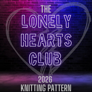 Neon-style text says "The Lonely Hearts Club" over a dark brick wall with a faint broken heart outline. "Lonely Hearts Club KAL | 2026 Knitting Pattern" appears at the bottom, ideal for mosaic knitting fans seeking a unique club-inspired design.