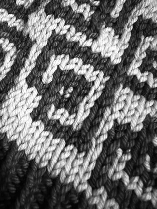 Close-up black and white photo of knitted fabric featuring a textured pattern inspired by the Lonely Hearts Club KAL | 2026 Knitting Pattern, with interwoven diagonal wavy stitches echoing advanced mosaic knitting techniques.