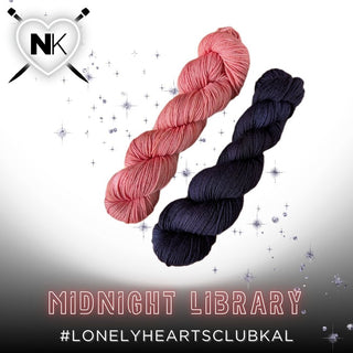 Two skeins of the Lonely Hearts Club KAL Kit in Midnight Library are shown on a sparkly gradient background, with #LonelyHeartsClubKAL and a heart with knitting needles and “NK” featured in this cozy kit scene.