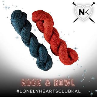 Two skeins of Lonely Hearts Club KAL Kit yarn in Rock & Bowl are shown with a sparkly effect. A heart with knitting needles and "NK" appears top right. Text reads Rock & Bowl #LONELYHEARTSCLUBKAL.