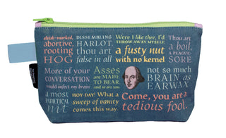 Blue pouch with Shakespearean text and a portrait of Shakespeare on a white background