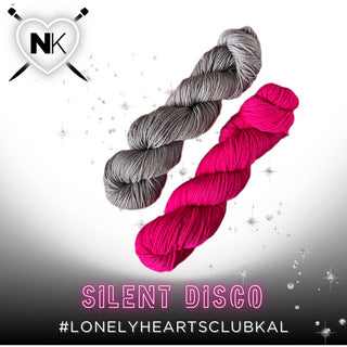 Two skeins of the Lonely Hearts Club KAL Kit in Silent Disco color—one gray, one bright pink—rest on a white background. A heart with “NK” and needles is in the corner. Text: “SILENT DISCO #LONELYHEARTSCLUBKAL”. Superwash Merino softness!.