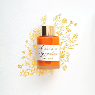 A bright orange dropper bottle of Premium Calligraphy Ink with a gold cap sits against a white background decorated with yellow floral illustrations. The label reads: A bottle of juicy goodness.