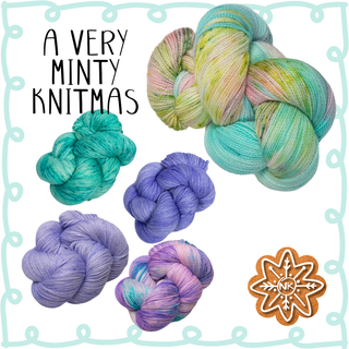 The Twelve Days of Knitmas | 2025 Yarn Kit features five skeins of hand-dyed yarn in mint, blue, green, purple, and pastels with "A VERY MINTY KNITMAS" text and a gingerbread cookie—perfect for your Knitmas or Mystery Knit-Along!.