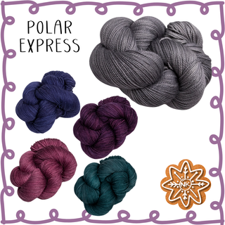Five skeins of yarn in gray, navy blue, purple, burgundy, and teal are displayed with “Polar Express” and a snowflake gingerbread cookie—perfect for the Twelve Days of Knitmas | 2025 Yarn Kit Mystery Knit-Along!.