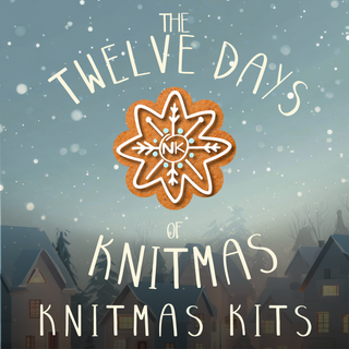 Illustration of snowy rooftops at dusk with a decorated gingerbread cookie in the center. Text reads: Twelve Days of Knitmas | 2025 Yarn Kit. Snowflakes fall, creating a cozy setting for your Mystery Knit-Along experience.