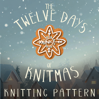 A cozy snowy evening with decorated houses and a star-shaped cookie marked "NK," featuring the text: Twelve Days of Knitmas MKAL | 2025 Knitting Pattern. Celebrate the season with this festive Mystery Knit-Along.