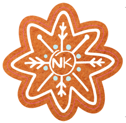 The Twelve Days of Knitmas Mystery Knit Along Sticker for 2025. White icing on a cut-out gingerbread cookie with the NK logo.