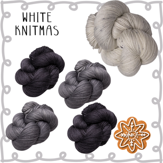 Five skeins of yarn in white to dark gray are arranged in a decorative frame labeled “Twelve Days of Knitmas | 2025 Yarn Kit,” with a gingerbread snowflake cookie—great for Mystery Knit-Along or holiday knitting fun.