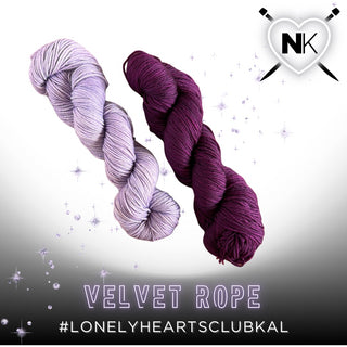 Two skeins from the Lonely Hearts Club KAL Kit in Velvet Rope rest on a sparkly white background. A heart with knitting needles and NK is in the corner. Text reads: Velvet Rope #LonelyHeartsClubKAL, featuring Superwash Merino.