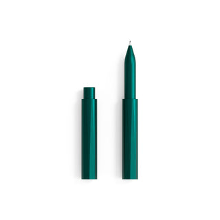 The Wren - Refillable Writing Pen in green, shown uncapped with the cap beside it on a white background. Featuring a sleek cylindrical design and Japanese-made tip, this pen combines style, sustainability, and eco-friendly refills.