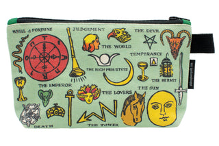 The Tarot Zipper Bag features a light green background with illustrations of tarot cards like The Sun, Death, and The Tower on a zippered pouch—perfect for storing your favorite deck or knitting notions.