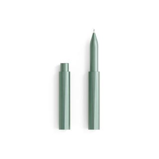 The Wren - Refillable Writing Pen in green metallic finish is shown with its cap removed and standing upright beside it, both parts aligned vertically on a white background.