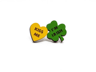 The "Kiss Me I'm Irish Earrings St. Patrick's Day" feature a yellow heart with KISS ME and a green shamrock with IM IRISH on white, handmade in the USA—festive accessories for celebrating Saint Patrick's Day.