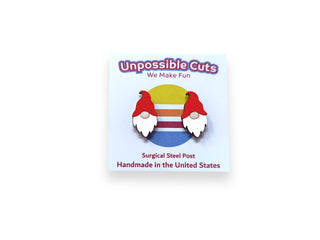 🍄 Gnome Earrings 🍄 with red hats and white beards on a display card reading "Unpossible Cuts, We Make Fun, Handmade Jewelry, Surgical Steel Post, Hypoallergenic," set against a colorful striped background.