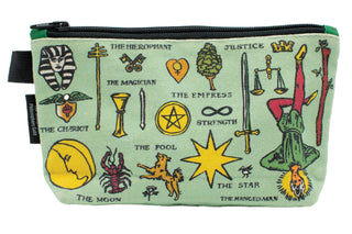 The Tarot Zipper Bag features vibrant Rider Waite card illustrations and names—like The Magician, The Moon, and The Fool—printed on a light green zippered pouch.