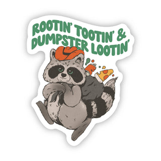 The Rootin' Tootin' & Dumpster Lootin' | Raccoon Sticker features a cartoon raccoon in an orange cowboy hat running with a pizza slice under playful text—a fun sticker for any raccoon fan!.