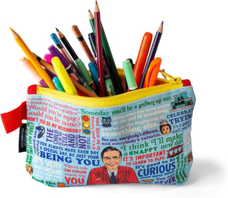 The Mister Rogers Zipper Pouch features a colorful design with his face and quotes, filled with pens, pencils, and colored pencils—ideal for use as a knitting notions bag or pencil pouch.