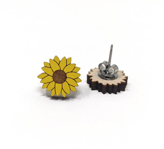 🌻 Sunflower Earrings 🌻: Handmade with wooden studs, yellow petals, and brown centers, shown front and back on white. Hypoallergenic for a cheerful touch to any look.