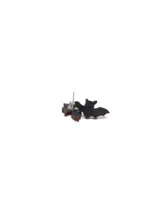 Bat Earrings: Small stud earrings shaped like black bats, ideal as handmade jewelry or unique Halloween accessories. Shown on a white background with metal post and backing visible.