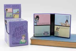 A set of Jane Austen Sticky Notes featuring pastel-colored sticky notes with Regency-era women illustrations and quotes, displayed beside a closed blue-covered book.