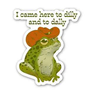 The “I Came Here To Dilly and To Dally Southern Frog Sticker” features a green cowboy frog in a red hat under bold, playful text. This waterproof vinyl sticker is perfect for customizing water bottles, laptops, or notebooks.
