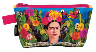The Frida Zipper Bag features vibrant art of Frida Kahlo surrounded by flowers, leaves, parrots, a monkey, and a skull, plus the quote: “I never painted my dreams, I only painted my own reality.” Perfect for storing artist supplies.