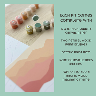 Close-up of the Save the Bees Paint-by-Number Kit for Kids, with acrylic paint pots, a canvas showing a bee-themed design, and a printed kit list—all set on a light green background for screen-free creative fun.