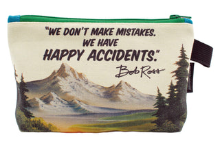 Pouch with mountain landscape design and Bob Ross quote on a white background
