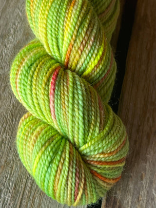 A close-up of a KPM and KPPPM Variegated Color Collection Skein in green with yellow, orange, and pink accents, ideal for hand knitting, displayed on a rustic wooden surface.