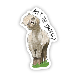 The "Am I the drama | Llama Sticker" features a cartoon alpaca on grass with a curious look and playful “AM I THE DRAMA?” text—ideal as a vinyl sticker for your laptop or as a waterproof sticker for your water bottle!.