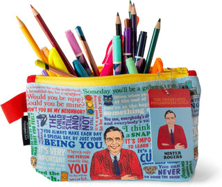The Mister Rogers Zipper Pouch features vibrant illustrations and quotes, perfect for storing pencils, pens, or knitting notions. An attached tag with Mister Rogers’ image and name is inspired by the Neighborhood of Make-Believe.
