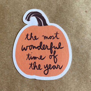 The Most Wonderful Time of the Year Pumpkin Sticker features handwritten text and is perfect as an eco-friendly paper sticker for autumn festivities.