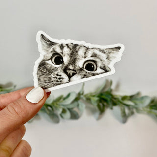 A hand with white-painted nails holds the Peeking Cat Sticker—a waterproof vinyl sticker featuring a black-and-white cat’s face. A blurred background of green leaves creates a calming mental health awareness vibe.