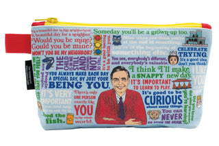 The Mister Rogers Zipper Pouch features cheerful illustrations and positive quotes like “You are special” and “It’s good to be curious,” making it a perfect, colorful choice for storing your knitting notions.